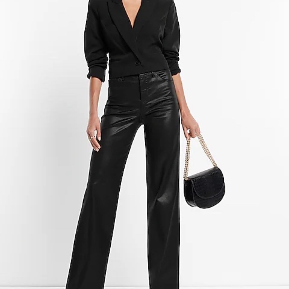 High Waisted Black Coated Wide Leg Jeans
